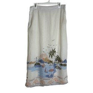 Cynthia Rowley 100% Linen Size Large Scenic Vacation Beach Print Maxi Skirt